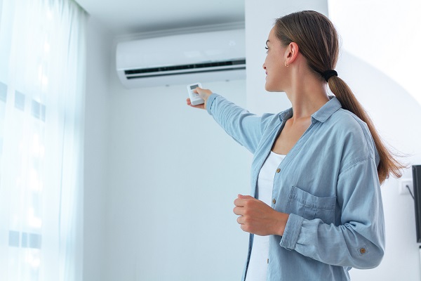 Donna regola la temperatura del climatizzatore di casa.
